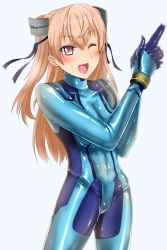 Rule 34 | 1girl, absurdres, alternate costume, bad id, bad pixiv id, bodysuit, breasts, brown eyes, commentary request, cosplay, cowboy shot, finger gun, highres, johnston (kancolle), kantai collection, light brown hair, long hair, looking at viewer, medium breasts, metroid, nintendo, one eye closed, open mouth, parazan d, samus aran, samus aran (cosplay), simple background, skin tight, smile, solo, standing, twintails, two side up, white background, zero suit