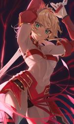 Rule 34 | 1girl, abs, absurdres, armor, armpits, arms up, bandeau, bare shoulders, blonde hair, breasts, clarent (fate), detached collar, fate/apocrypha, fate (series), faulds, green eyes, grin, hair ornament, hair scrunchie, highres, lightning, long hair, looking at viewer, mordred (fate), mordred (fate/apocrypha), navel, parted bangs, ponytail, red scrunchie, scrunchie, sidelocks, small breasts, smile, sword, thighs, weapon, you-6-11