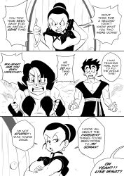 Rule 34 | 1boy, 2girls, absurdres, blush, breasts, chi-chi (dragon ball), comic, commentary, crossed arms, door, dragon ball, dragonball z, earrings, english commentary, english text, fingerless gloves, funsexydb, gloves, greyscale, hair bun, highres, jewelry, large breasts, low twintails, monochrome, multiple girls, muscular, muscular male, neckerchief, open mouth, single hair bun, son gohan, twintails, videl
