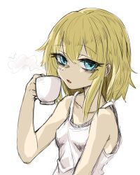 Rule 34 | 1girl, absurdres, alternate costume, artist request, bags under eyes, black souls, blonde hair, blue eyes, bob cut, breasts, cup, highres, holding, holding cup, looking at viewer, loose clothes, oversized clothes, red hood (black souls), simple background, skinny, small breasts, steam, tank top, upper body