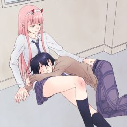 Rule 34 | 10s, 1boy, 1girl, black hair, black legwear, blazer, blush, brown jacket, closed eyes, collared shirt, commentary request, couple, darling in the franxx, green eyes, hair ornament, hairband, hand on own hip, hetero, hiro (darling in the franxx), holding hands, horns, interlocked fingers, jacket, leg up, long hair, long sleeves, looking at another, lying, lying on lap, lying on person, necktie, on side, oni horns, pants, pink hair, plaid, plaid pants, plaid skirt, purple pants, purple skirt, red horns, sakuragouti, school uniform, shirt, sitting, skirt, sleeping, sleeping on person, socks, striped neckwear, thighs, white hairband, white shirt, wing collar, zero two (darling in the franxx)