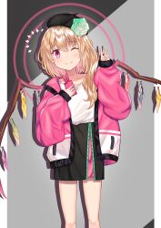 Rule 34 | 1girl, absurdres, alternate costume, black headwear, black skirt, blonde hair, cellphone, closed mouth, contemporary, crystal, feet out of frame, flandre scarlet, grey background, hair between eyes, head tilt, highres, holding, holding phone, jacket, light smile, long hair, looking at viewer, multicolored wings, noritamaru, phone, pillarboxed, pink eyes, pink jacket, shirt, simple background, skirt, sleeves past wrists, smartphone, solo, touhou, v, white shirt, wings, zipper skirt