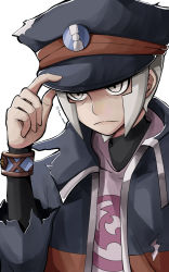 Rule 34 | 1boy, black coat, black hat, black shirt, bracelet, closed mouth, coat, commentary request, creatures (company), facial hair, frown, game freak, grey eyes, grey hair, hand on headwear, hat, high collar, highres, ingo (pokemon), jewelry, male focus, nintendo, pearl clan outfit, pokemon, pokemon legends: arceus, roche ika, shirt, short hair, sideburns, simple background, solo, torn clothes, torn coat, upper body, white background