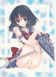 Rule 34 | 1girl, absurdres, ass, bishoujo senshi sailor moon, black hair, blue eyes, boots, brooch, cameltoe, elbow gloves, glaive (polearm), gloves, heart, heart brooch, highres, hugging own legs, jewelry, knee boots, legs, legs up, leotard, looking at viewer, magical girl, masaki (masarin0909), miniskirt, polearm, purple footwear, purple skirt, sailor saturn, sailor senshi, short hair, silence glaive, sitting, skirt, smile, solo, tiara, tomoe hotaru, traditional media, v arms, weapon, white gloves, white leotard