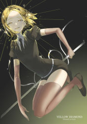 Rule 34 | 1other, amanda shiro, androgynous, belt, black necktie, blonde hair, bob cut, brown gloves, brown thighhighs, character name, colored eyelashes, colored skin, copyright name, crystal hair, elbow gloves, gem uniform (houseki no kuni), gloves, highres, holding, holding weapon, houseki no kuni, matching hair/eyes, necktie, other focus, puffy short sleeves, puffy sleeves, short sleeves, shorts, smile, smirk, solo, thighhighs, uniform, weapon, white skin, yellow diamond (houseki no kuni), yellow eyes