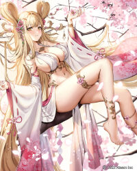 Rule 34 | 1girl, amaterasu (mythology), bare hips, bare shoulders, blonde hair, blush, bow, bracelet, branch, breasts, cherry blossom print, cherry blossoms, cleavage, detached sleeves, floral print, flower, gold bracelet, hair bow, hair rings, hair tubes, highres, holding, holding flower, jademoon, jewelry, large breasts, long hair, looking at viewer, nail polish, navel, petals, pink flower, pink nails, sangoku taisen smash!, sideboob, sitting, sitting on branch, skindentation, solo, thighlet, very long hair, wide sleeves, yellow eyes
