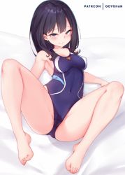 Rule 34 | 1girl, barefoot, black hair, blue eyes, blue one-piece swimsuit, breasts, cameltoe, collarbone, competition swimsuit, covered navel, donedone, feet, gridman universe, long hair, looking at viewer, lying, medium breasts, one-piece swimsuit, solo, spread legs, ssss.gridman, straight hair, swimsuit, takarada rikka, toes