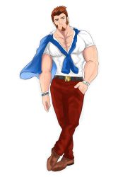 Rule 34 | 1boy, alternate costume, bara, beard, belt, biceps, blue eyes, bracelet, brown hair, clothes around neck, earrings, facial hair, fate/grand order, fate (series), full body, hand in pocket, highres, jewelry, kattken, long sleeves, looking at viewer, male focus, muscular, napoleon bonaparte (fate), open clothes, pants, pectorals, red pants, shoes, sideburns, solo, watch