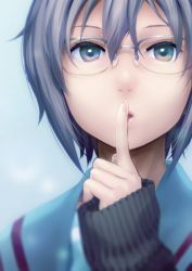 1girl blurry depth_of_field female_focus finger_to_mouth glasses grey_eyes grey_hair hair_between_eyes highres index_finger_raised long_sleeves looking_at_viewer nagato_yuki parted_lips puyo_(puyotopia) school_uniform semi-rimless_eyewear serafuku short_hair sleeves_past_wrists solo suzumiya_haruhi_no_yuuutsu