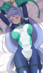 Rule 34 | 1girl, arms up, bad id, bad twitter id, blue eyes, blue hair, blush, boku no hero academia, breasts, embarrassed, hadou nejire, haeil2, highres, large breasts, long hair, looking at viewer, simple background, skin tight, solo, very long hair