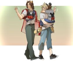 Rule 34 | 3boys, age difference, alternate costume, animal ear headband, animal ears, arms around neck, backpack, bag, belt, black belt, black footwear, blonde hair, blue eyes, blue pants, brown hair, carrying, carrying person, chain, chain necklace, child, cloud strife, commentary request, contemporary, cosplay, fake animal ears, final fantasy, final fantasy vii, final fantasy viii, full body, gradient background, green footwear, green pants, hand up, happy, height difference, hug, jewelry, kingdom hearts, kingdom hearts i, lion ears, looking to the side, male focus, medium hair, mickey mouse, mickey mouse ears, multiple boys, necklace, open mouth, pants, parted bangs, pendant, puffy pants, red bag, ryouto, scar, scar on face, shirt, shoes, short hair, shoulder bag, simba, simba (cosplay), sleeping, sneakers, sora (kingdom hearts), spiked hair, squall leonhart, t-shirt, the lion king, walking, waving, white shirt, yellow footwear