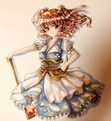 Rule 34 | 1girl, black sash, blue dress, blue kimono, breasts, brown sash, closed mouth, coin, coin on string, dress, frilled dress, frills, hair bobbles, hair ornament, highres, hisako (6anmbblfnjueeff), holding, holding scythe, holed coin, japanese clothes, kimono, large breasts, obi, onozuka komachi, petticoat, puffy short sleeves, puffy sleeves, red eyes, red hair, sash, scythe, short hair, short sleeves, smile, solo, touhou, two side up, v-shaped eyebrows, white background