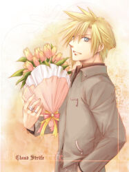Rule 34 | 1boy, black shirt, blonde hair, blue eyes, border, bouquet, character name, cloud strife, collared shirt, final fantasy, final fantasy vii, flower, grey jacket, hand in pocket, holding, holding bouquet, jacket, long sleeves, looking at viewer, male focus, pink flower, pink tulip, shirt, short hair, solo, spiked hair, tsuki oto sena, tulip, upper body