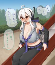 Rule 34 | 1girl, blush, breasts, bush, cleavage, crying, crying with eyes open, grey hair, ichika (ichika manga), large breasts, long hair, looking at viewer, midriff, necktie, open mouth, playground, purple necktie, red eyes, sky, slide, solo, struggling, stuck, tears, translated, trembling, vocaloid, wavy mouth, yowane haku