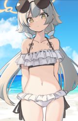 Rule 34 | 1girl, bare shoulders, bikini, blue archive, blue sky, blush, brown eyes, brown hair, closed mouth, cloud, collarbone, commentary request, cowboy shot, day, eyewear on head, frilled bikini, frills, gluteal fold, halo, hifumi (blue archive), hifumi (swimsuit) (blue archive), looking at viewer, low twintails, natsuki teru, navel, outdoors, ribbon-trimmed bikini, round eyewear, sky, solo, standing, sunglasses, swimsuit, twintails, white bikini