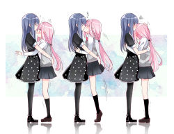 Rule 34 | 2girls, black dress, black legwear, blue eyes, blue hair, blush, braid, christy mii, dress, embarrassed, closed eyes, hand on another&#039;s head, heart, height difference, highres, hug, kiss, long hair, looking at another, magia record: mahou shoujo madoka magica gaiden, mahou shoujo madoka magica, motion lines, multiple girls, nanami yachiyo, open mouth, pantyhose, pink eyes, pink hair, ponytail, school uniform, scrunchie, shoes, simple background, skirt, socks, surprise kiss, surprised, tamaki iroha, thighhighs, tiptoes, white background, yuri