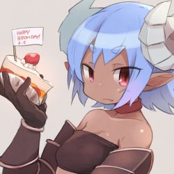 Rule 34 | 1girl, armor, bad id, bad twitter id, black gloves, blue hair, blush, cake, cake slice, character request, choker, copyright request, fang, flag, food, fruit, gloves, happy birthday, holding, holding food, horns, looking at viewer, okayparium, pointy ears, red eyes, solo, strawberry