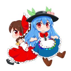 Rule 34 | &gt;:(, 2girls, absurdres, ascot, back-to-back, blue hair, blush, boots, bow, brown hair, chibi, detached sleeves, dress, food, food on head, frown, fruit, fruit on head, hair bow, hair tubes, hakurei reimu, highres, hinanawi tenshi, king (ougon kingyo-bachi), large bow, layered dress, long hair, looking at viewer, mary janes, multiple girls, object on head, peach, red eyes, shoes, skirt, smile, socks, touhou, v-shaped eyebrows, vest