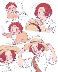 Rule 34 | 1boy, aged down, baby, babywearing, blush, closed eyes, hat, highres, long hair, looking at viewer, male focus, one piece, open mouth, red eyes, red hair, rnolmol, shanks (one piece), shirt, smile, teeth, white shirt