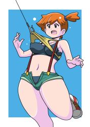 Rule 34 | 1girl, back, bare arms, bare shoulders, blush, breasts, creatures (company), denim, denim shorts, female focus, game freak, gym leader, hair tie, highres, koutarosu, large breasts, legs, miniskirt, misty (pokemon), nintendo, nipples, open mouth, orange hair, pokemon, pokemon (anime), pokemon (classic anime), ponytail, shirt, shoes, short, shorts, side ponytail, simple background, skirt, sleeveless, sneakers, solo, suspenders, sweat, sweatdrop, tank top, thick thighs, thighs, white background, wide hips, yellow shirt