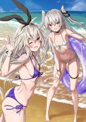 Rule 34 | 2girls, absurdres, amatsukaze (kancolle), ass, bare shoulders, barefoot, beach, bikini, blue sky, bracelet, breasts, brown eyes, choker, cloud, collarbone, day, front-tie bikini top, front-tie top, grey eyes, grey hair, hair ornament, hand up, highleg, highleg bikini, highres, holding, innertube, jewelry, kantai collection, long hair, looking at viewer, multiple girls, navel, ocean, one eye closed, open mouth, outdoors, scan, shimakaze (kancolle), side-tie bikini bottom, simple background, sky, small breasts, smile, summer, swim ring, swimsuit, takanashi kei (hitsujikan), thigh strap, thighs, water