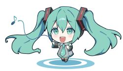Rule 34 | 1girl, aqua eyes, aqua hair, aqua necktie, chibi, commentary, detached sleeves, dress, eighth note, full body, gale kawaii, grey dress, hashtag-only commentary, hatsune miku, long hair, miku day, music, musical note, necktie, open mouth, round teeth, singing, smile, solo, teeth, twintails, very long hair, vocaloid