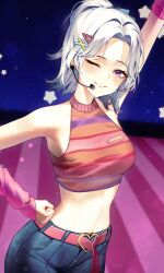 Rule 34 | 1girl, absurdres, arm up, bare shoulders, belt, blush, breasts, clenched hand, commentary, crop top, denim, highres, idol, ine (vtuber), jeans, kim ur, medium breasts, medium hair, microphone, midriff, navel, one eye closed, pants, parted bangs, pink belt, ponytail, purple eyes, sleeveless, smile, solo, stomach, sweat, virtual youtuber, waktaverse, white hair