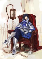 Rule 34 | 1girl, armchair, armor, ascot, birdcage, black hair, blue eyes, bow, cage, chair, crossed legs, female focus, gauntlets, high heels, indoors, pantyhose, shoes, short hair, sitting, skirt, solo, striped clothes, striped pantyhose, v8, vertical-striped clothes, vertical-striped pantyhose