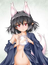Rule 34 | 1girl, animal ears, black hair, bubble, collarbone, groin, hasaha, looking at viewer, navel, no bra, off shoulder, open clothes, pointy ears, red eyes, roura, short hair, solo, summon night, summon night 2, tail