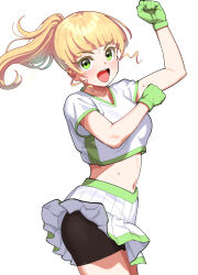 Rule 34 | 1girl, arm up, bike shorts, black shorts, blonde hair, breasts, clenched hands, clothes lift, commentary request, crop top, gloves, gradient hair, green eyes, green gloves, hand up, heanna sumire, looking at viewer, looking to the side, love live!, love live! superstar!!, medium breasts, midriff, multicolored hair, navel, pettan p, pleated skirt, ponytail, shirt, short sleeves, shorts, shorts under skirt, sidelocks, simple background, skirt, skirt lift, solo, sweat, white background, white shirt, white skirt