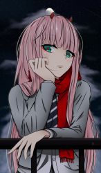 Rule 34 | 1girl, absurdres, closed mouth, darling in the franxx, highres, horns, long hair, looking at viewer, moon, necktie, oni horns, pink hair, red horns, red necktie, red scarf, scarf, school uniform, shippaidayo, solo, star (sky), star (symbol), starry background, zero two (darling in the franxx), zero two (kirby)