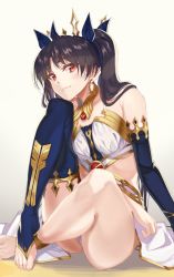 Rule 34 | 1girl, asymmetrical legwear, asymmetrical sleeves, black hair, blush, commentary, commentary request, earrings, fate/grand order, fate (series), feet, highres, hoop earrings, ishtar (fate), ishtar (fate), jewelry, kabocha (monkey4), legs, long hair, neck ring, no shoes, red eyes, single thighhigh, sitting, thighhighs, toeless legwear, toes, tohsaka rin, twintails, uneven legwear, uneven sleeves