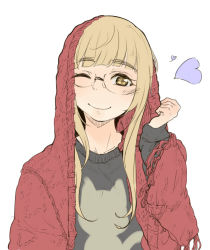Rule 34 | 1girl, ;), animal print, blanket, blonde hair, casual, cat print, eyebrows, glasses, heart, long hair, long sleeves, looking at viewer, mune, one eye closed, perrine h. clostermann, simple background, smile, solo, strike witches, sweater, white background, world witches series, yellow eyes