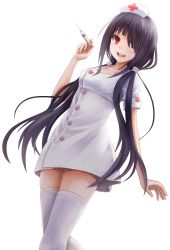 Rule 34 | 10s, 1girl, alternate costume, black hair, buttons, date a live, dress, extraction, hair over one eye, hat, heterochromia, highres, long hair, nurse, nurse cap, pinky out, red eyes, short dress, solo, sunimu, syringe, thighhighs, tokisaki kurumi, transparent background, twintails, white thighhighs, yellow eyes, zettai ryouiki