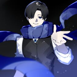 Rule 34 | 1boy, black background, black vest, blue eyes, blue gemstone, blue scarf, brooch, demian (project moon), gem, hand up, highres, jewelry, limbus company, long sleeves, pale skin, project moon, scarf, shanhujiao, shirt, simple background, solo, upper body, vest, white shirt