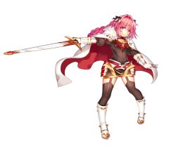 Rule 34 | 1boy, astolfo (fate), black thighhighs, blush, braid, cape, fate/apocrypha, fate (series), full body, garter straps, hair ribbon, highres, long hair, looking at viewer, male focus, pink hair, purple eyes, ribbon, single braid, smile, solo, sword, tfotr, thighhighs, transparent background, trap, weapon