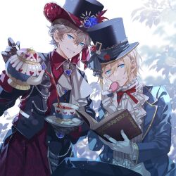 Rule 34 | 2boys, absurdres, ascot, black gloves, black headwear, black jacket, blonde hair, blue eyes, book, closed mouth, collared shirt, commentary, cookie, cup, ensemble stars!, flower, food, gloves, grey hair, grey necktie, hair between eyes, hat, hat flower, heart, highres, holding, holding book, holding food, holding saucer, holding teapot, huyucotton, jacket, lace, lace gloves, looking at viewer, male focus, multiple boys, neck ribbon, necktie, open book, open mouth, pouring, purple flower, purple rose, red ribbon, red shirt, ribbon, rose, saucer, sena izumi (ensemble stars!), shirt, short hair, smile, symbol-only commentary, tea, teacup, teapot, teaspoon, tenshouin eichi, top hat, white ascot, white background, white gloves, white shirt