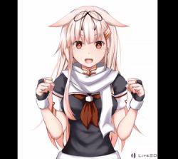 Rule 34 | 1girl, animated, animated gif, baileys (tranquillity650), black ribbon, black serafuku, blinking, blonde hair, bouncing breasts, breasts, clenched hands, commentary, fingerless gloves, gloves, hair flaps, hair ornament, hair ribbon, hairclip, hands up, kantai collection, long hair, looking at viewer, lowres, medium breasts, messy hair, neckerchief, open mouth, pillarboxed, red eyes, red neckerchief, ribbon, scarf, school uniform, serafuku, short sleeves, sidelocks, simple background, smile, solo, swaying, white background, yuudachi (kancolle), yuudachi kai ni (kancolle)