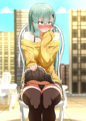 Rule 34 | 1girl, aqua eyes, aqua hair, bag, black panties, blue sky, blush, brown thighhighs, clothes lift, cloud, commentary request, cowboy shot, day, gekiteki na beefsteak, hair ornament, hairclip, highres, kantai collection, long hair, looking to the side, nose blush, off-shoulder sweater, off shoulder, outdoors, panties, side-tie panties, sitting, skirt, skirt lift, sky, solo, suzuya (kancolle), sweater, thighhighs, underwear, yellow sweater