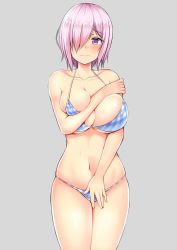 Rule 34 | 1girl, alternate costume, bad id, bad twitter id, blush, breasts, breasts squeezed together, collarbone, commentary request, covering privates, covering breasts, covering crotch, cowboy shot, deep skin, fate/grand order, fate (series), grey background, hair over one eye, kisaragi nana, large breasts, looking at viewer, mash kyrielight, navel, purple eyes, purple hair, short hair, simple background, skindentation, solo, underwear, wavy mouth