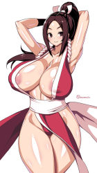 Rule 34 | 1girl, areola slip, armpits, arms behind head, arms up, blush, breasts, brown eyes, brown hair, cleavage, covered erect nipples, fatal fury, female focus, huge breasts, large areolae, long hair, looking at viewer, matching hair/eyes, ninja, no bra, onomeshin, pelvic curtain, ponytail, revealing clothes, shiranui mai, sideboob, smile, snk, solo, the king of fighters, upper body