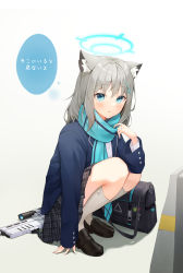 Rule 34 | 1girl, absurdres, animal ear fluff, animal ears, arm support, assault rifle, bag, blue archive, blue eyes, blue jacket, blue neckwear, blue scarf, blush, cat ears, cross hair ornament, full body, grey hair, gun, hair between eyes, hair ornament, hairclip, halo, hatonaru525, highres, jacket, kneehighs, long sleeves, looking at viewer, medium hair, open clothes, open jacket, plaid, plaid skirt, pleated skirt, rifle, scarf, school bag, school uniform, shiroko (blue archive), shirt, shoulder bag, sig sauer 556, simple background, skirt, sleeves past wrists, socks, solo, speech bubble, squatting, striped clothes, striped scarf, weapon, white background, white shirt, white socks