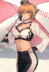 Rule 34 | 1girl, anchor symbol, bandeau, black gloves, blush, breasts, brown hair, clothes writing, cowboy shot, fingerless gloves, gloves, green eyes, hair between eyes, highres, holding, holding umbrella, kantai collection, kasumi (skchkko), large breasts, long sleeves, mutsu (kancolle), navel, open mouth, race queen, short hair, solo, umbrella, white bandeau