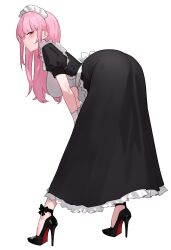 Rule 34 | 1girl, absurdres, alternate costume, apron, ass, bent over, black dress, bluefield, breasts, commentary, dress, enmaided, frilled apron, frills, high heels, highres, hololive, hololive english, long hair, looking at viewer, maid, maid apron, maid headdress, mori calliope, pink hair, puffy short sleeves, puffy sleeves, short sleeves, smile, stiletto heels, virtual youtuber, white apron
