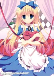 Rule 34 | 1girl, absurdres, alice (alice in wonderland), alice in wonderland, argyle, argyle background, argyle clothes, blonde hair, blue eyes, bow, dress, hair bow, heart, highres, naruse mamoru, pillow