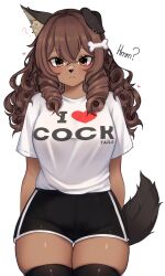 Rule 34 | 1girl, :&lt;, ?, absurdres, animal ear fluff, animal ears, animal nose, arms behind back, black shorts, blush, breasts, brown eyes, brown hair, closed mouth, clothes writing, cowboy shot, drill hair, earrings, english text, eyes visible through hair, hair between eyes, hair ornament, heart, highres, jewelry, large breasts, long hair, looking at viewer, original, puppyypawss, shirt, short sleeves, shorts, simple background, solo, straight-on, tail, thighhighs, tsurime, twin drills, white background, white shirt