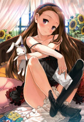 Rule 34 | 1girl, bare shoulders, bed, black thighhighs, bloomers, unworn bloomers, blush, bottomless, brown hair, chemise, clothes in front, unworn clothes, collarbone, dress, drugs, face, feet, flower, hairband, head tilt, highres, idolmaster, idolmaster (classic), indoors, lips, long hair, loose thighhigh, minase iori, no panties, no shoes, open clothes, pill, red eyes, shirane taito, sitting, smile, sock dangle, sock pull, solo, strap slip, stuffed animal, stuffed rabbit, stuffed toy, sunflower, sunlight, thighhighs, underwear, x arms