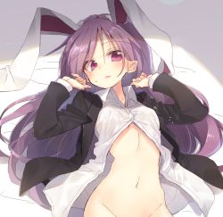 Rule 34 | 1girl, animal ears, black jacket, blazer, blush, breasts, commentary request, groin, hair between eyes, hands up, jacket, long hair, long sleeves, looking at viewer, lying, navel, on back, out-of-frame censoring, parted lips, pink eyes, purple hair, rabbit ears, reisen udongein inaba, satou kibi, shadow, shirt, small breasts, solo, stomach, touhou, upper body, very long hair, white shirt, wing collar