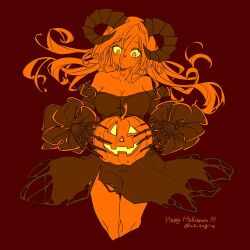 Rule 34 | 1girl, abyssal ship, bare shoulders, black dress, breasts, cleavage, closed mouth, cropped legs, curled horns, detached sleeves, dress, floating hair, frilled sleeves, frills, hair between eyes, halloween, happy halloween, horns, jack-o&#039;-lantern, kantai collection, large breasts, long hair, mediterranean dreadnought water princess, monochrome, orange theme, oso (toolate), red background, simple background, skeletal hand, solo, strapless, strapless dress, twitter username, very long hair