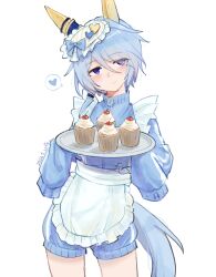 Rule 34 | 1girl, absurdres, animal ears, apron, artist logo, blue jacket, blue shorts, blush, closed mouth, cowboy shot, dated, ear covers, heart, high collar, highres, holding, holding tray, horse ears, horse girl, horse tail, jacket, jersey maid, k.s.miracle (umamusume), long sleeves, looking at viewer, maid, purple eyes, saramiao-chan, short hair, shorts, sleeves past fingers, sleeves past wrists, smile, solo, spoken heart, standing, tail, track jacket, tray, umamusume, unconventional maid, waist apron, white background